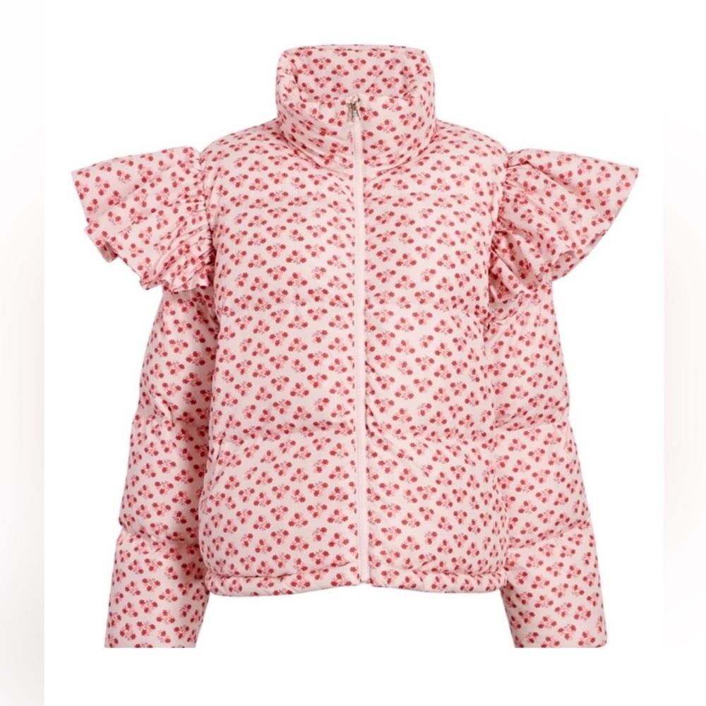 Hill House - The Violet Ruffle Sleeve Puffer Jacket in Posy Pink